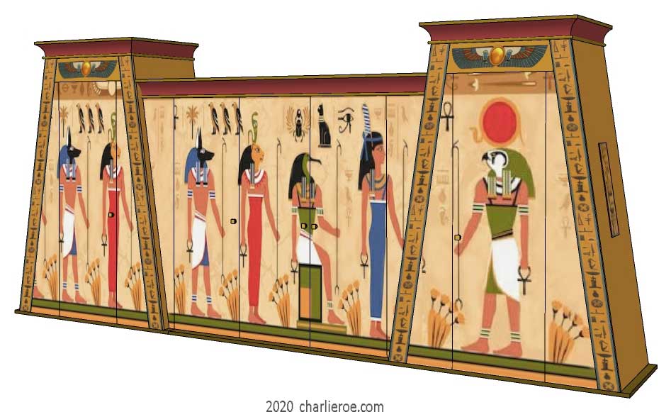 new ancient Egyptian Revival style painted wooden 5 door wardrobe with double Pylon shaped sections and decorative traditional style painting
