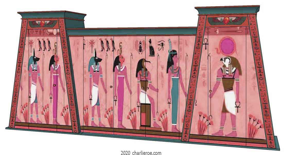 new ancient Egyptian Revival style painted wooden 5 door wardrobe with double Pylon shaped sections and decorative traditional style painting