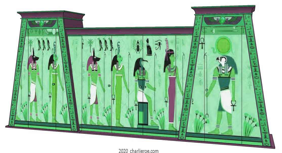 new ancient Egyptian Revival style painted wooden 5 door wardrobe with double Pylon shaped sections and decorative traditional style painting