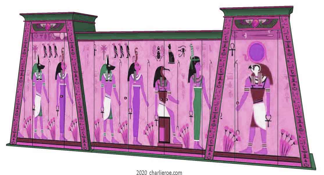 new ancient Egyptian Revival style painted wooden 5 door wardrobe with double Pylon shaped sections and decorative traditional style painting