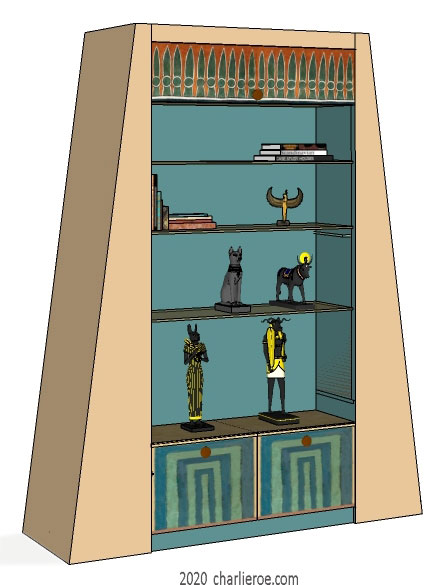 new ancient Egyptian Revival style painted narrower display cabinet bookcase with decorative Egyptian designs