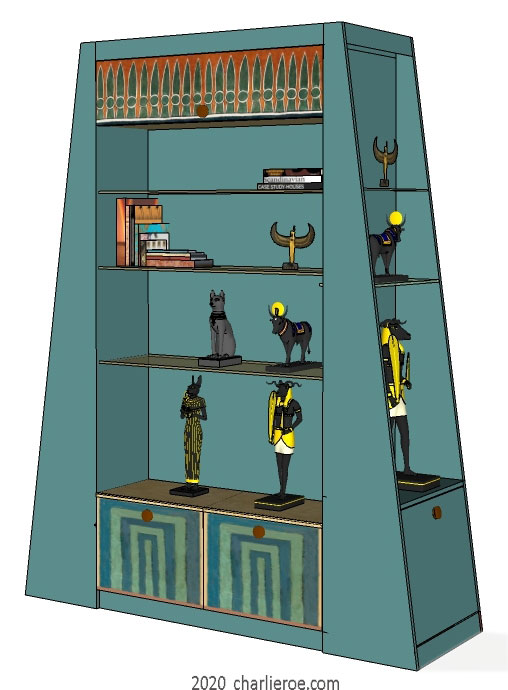 new ancient Egyptian Revival style painted display cabinet bookcase with decorative Egyptian designs