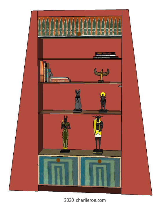 new ancient Egyptian Revival style painted display cabinet bookcase with decorative Egyptian designs