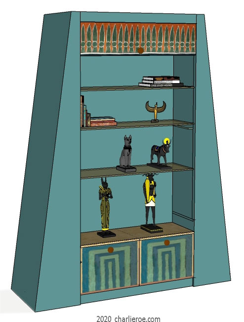 new ancient Egyptian Revival style painted display cabinet bookcase with decorative Egyptian designs