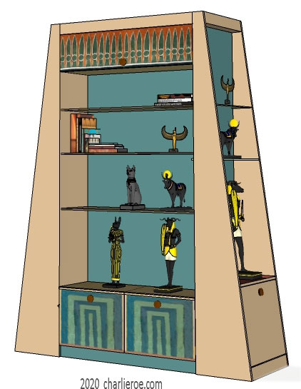 new ancient Egyptian Revival style painted display cabinet bookcase with decorative Egyptian designs