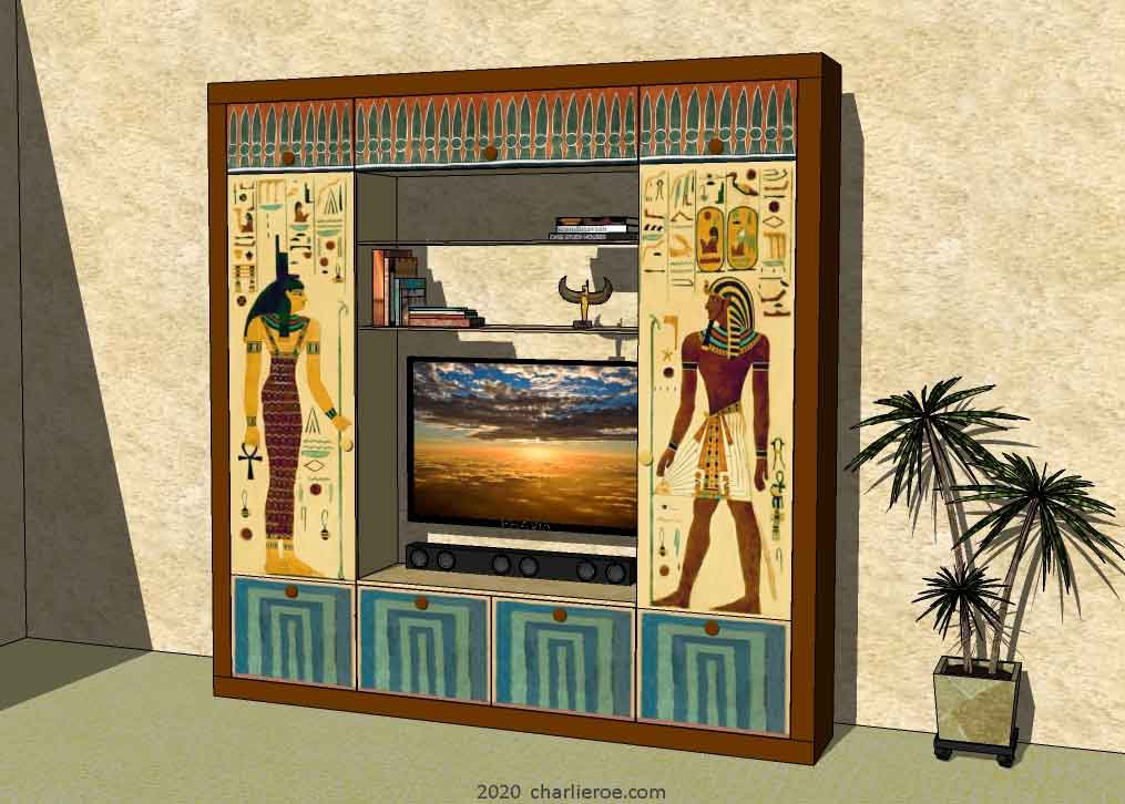 new ancient Egyptian Revival style painted media center display cabinet bookcase drinks cabinet or home office shelving unit with decorative Egyptian designs