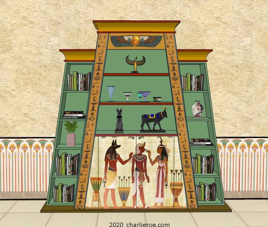 new ancient Egyptian Revival style Pylon shaped painted bookcase display cabinet drinks cabinet or home office shelving unit with decorative Egyptian designs