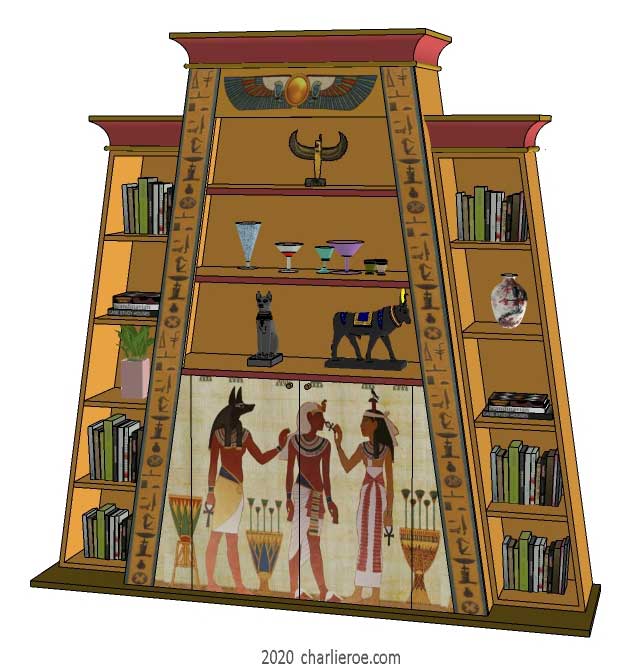 new ancient Egyptian Revival style Pylon shaped painted bookcase display cabinet drinks cabinet or home office shelving unit with decorative Egyptian designs
