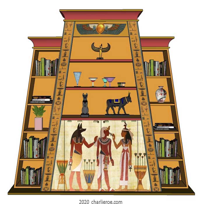 new ancient Egyptian Revival style Pylon shaped painted bookcase display cabinet drinks cabinet or home office shelving unit with decorative Egyptian designs