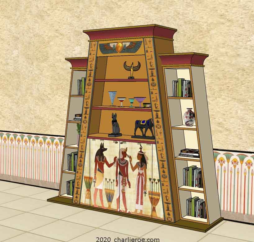new ancient Egyptian Revival style Pylon shaped painted bookcase display cabinet drinks cabinet or home office shelving unit with decorative Egyptian designs