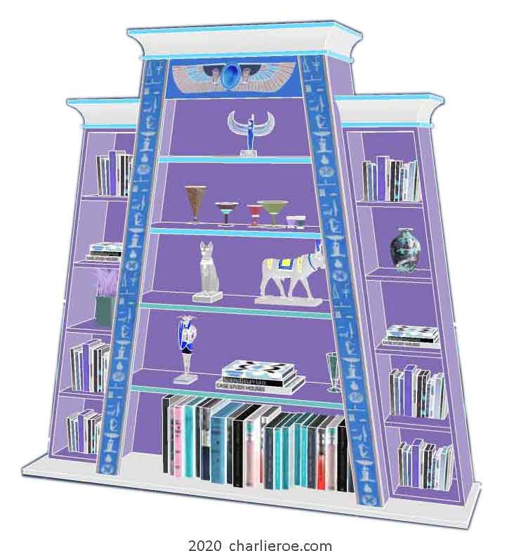 new ancient Egyptian Revival style Pylon shaped painted bookcase display cabinet drinks cabinet or home office shelving unit with decorative Egyptian designs