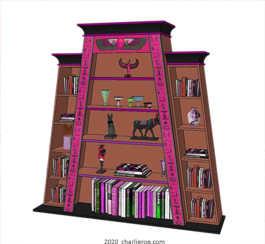 new ancient Egyptian Revival style Pylon shaped painted bookcase display cabinet drinks cabinet or home office shelving unit with decorative Egyptian designs
