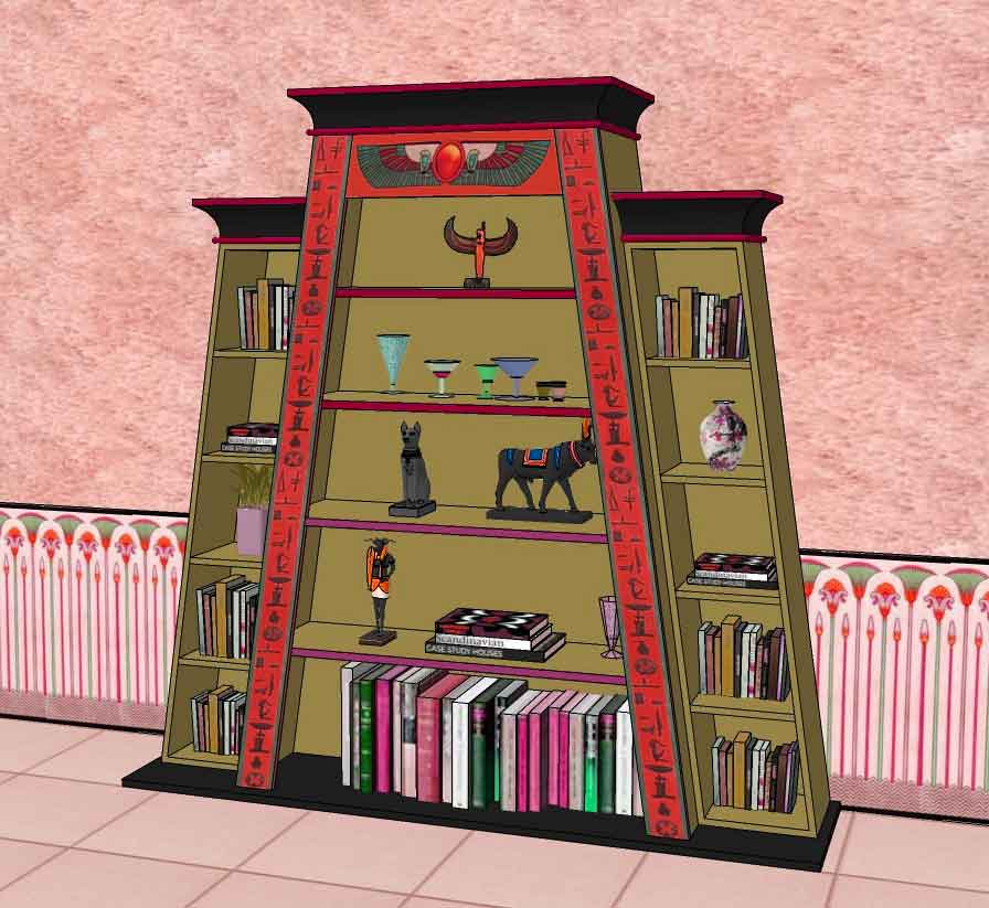 new ancient Egyptian Revival style Pylon shaped painted bookcase display cabinet drinks cabinet or home office shelving unit with decorative Egyptian designs