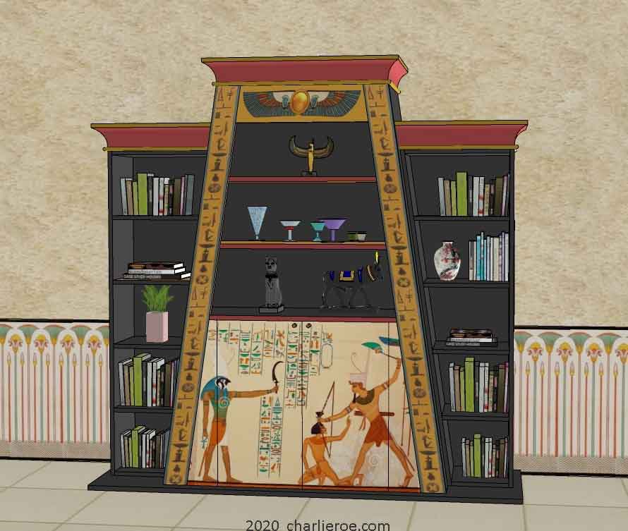 new ancient Egyptian Revival style Pylon shaped painted bookcase display cabinet drinks cabinet or home office shelving unit with decorative Egyptian designs in Verdigris finish