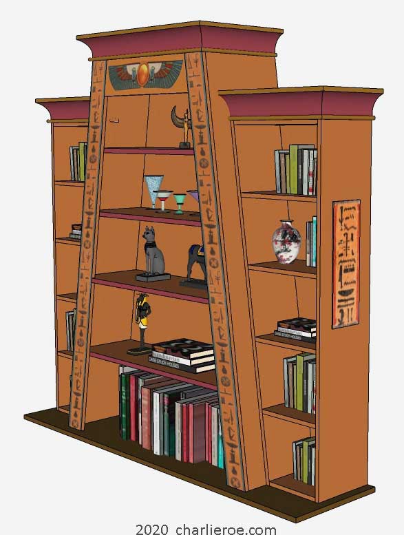 new ancient Egyptian Revival style Pylon shaped painted bookcase display cabinet drinks cabinet or home office shelving unit with decorative Egyptian designs