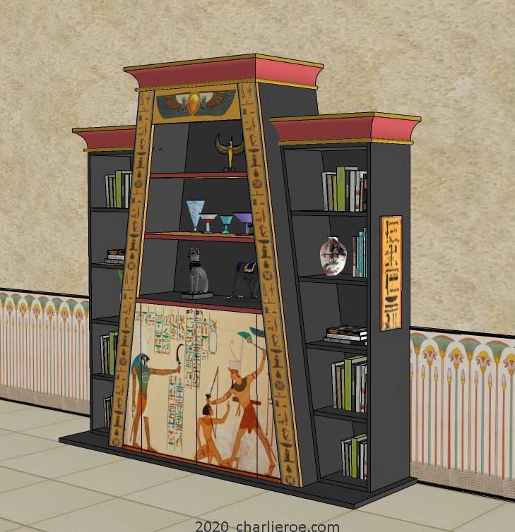 new ancient Egyptian Revival style Pylon shaped painted bookcase display cabinet drinks cabinet or home office shelving unit with decorative Egyptian designs