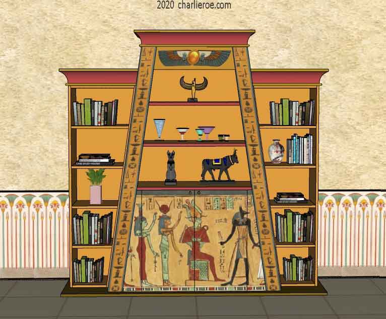 new ancient Egyptian Revival style Pylon shaped painted bookcase display cabinet drinks cabinet or home office shelving unit with decorative Egyptian designs