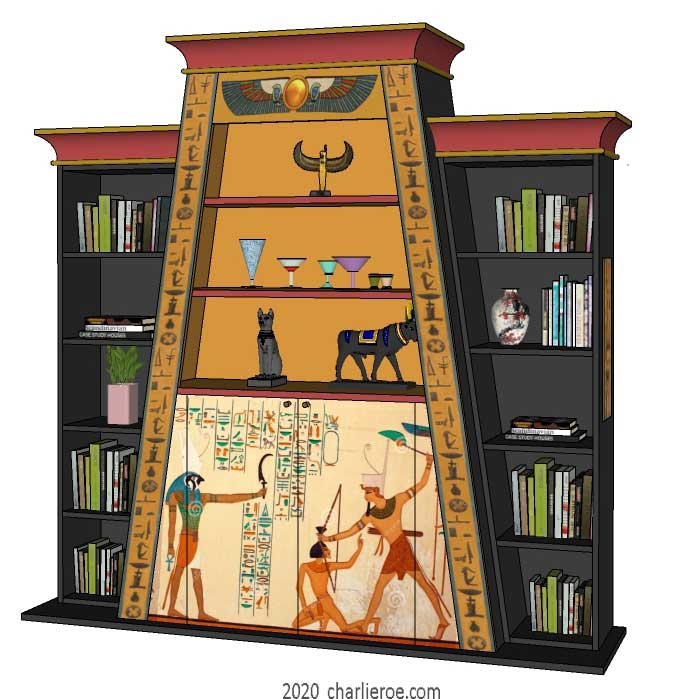 new ancient Egyptian Revival style Pylon shaped painted bookcase display cabinet drinks cabinet or home office shelving unit with decorative Egyptian designs