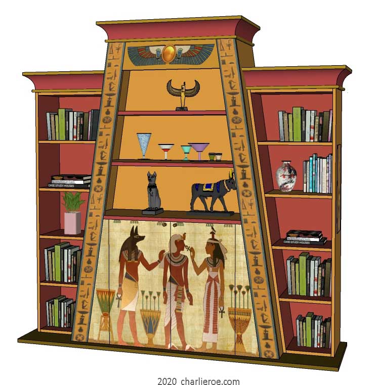 new ancient Egyptian Revival style Pylon shaped painted bookcase display cabinet drinks cabinet or home office shelving unit with decorative Egyptian designs
