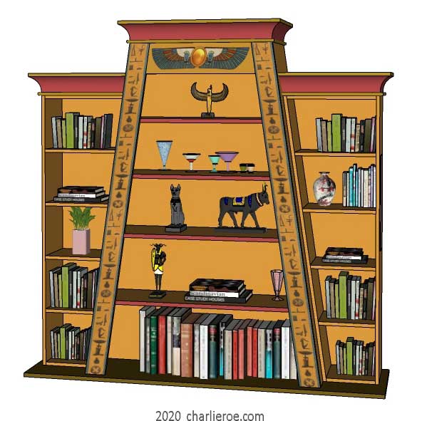 new ancient Egyptian Revival style Pylon shaped painted bookcase display cabinet drinks cabinet or home office shelving unit with decorative Egyptian designs