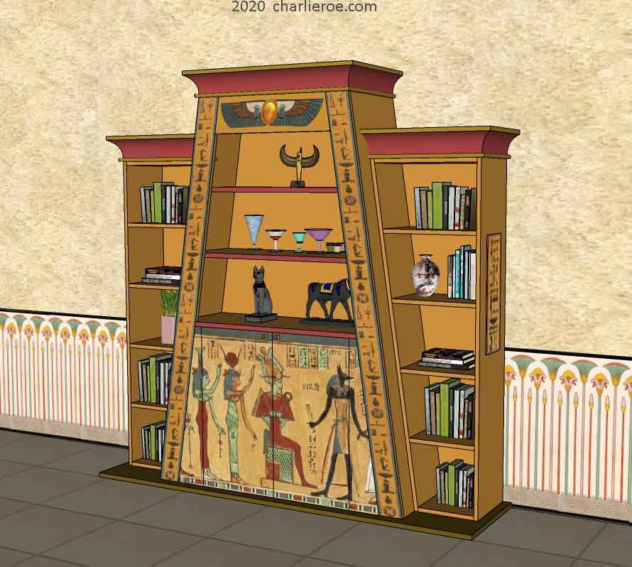 new ancient Egyptian Revival style Pylon shaped painted bookcase display cabinet drinks cabinet or home office shelving unit with decorative Egyptian designs