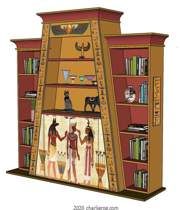new ancient Egyptian Revival style Pylon shaped painted bookcase display cabinet drinks cabinet or home office shelving unit with decorative Egyptian designs