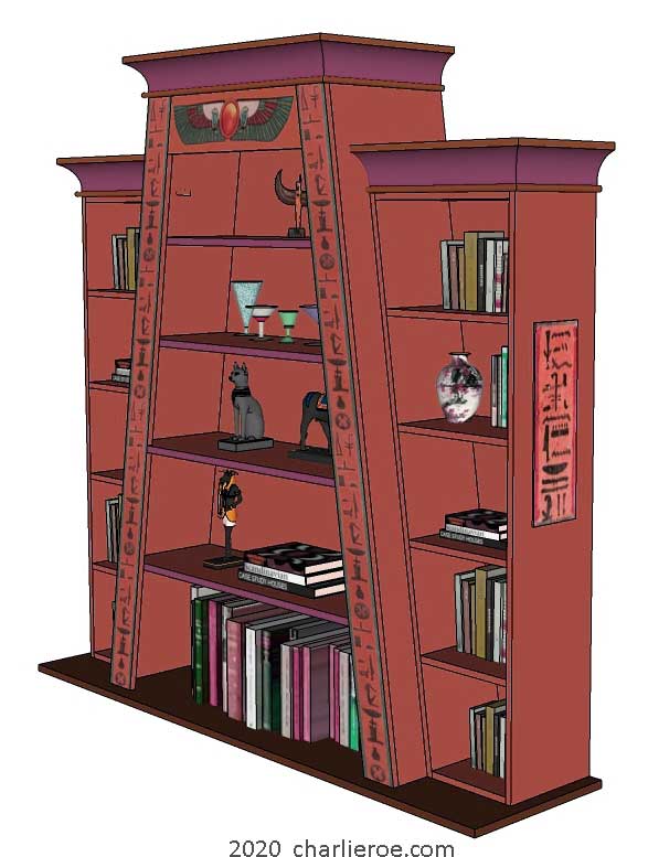 new ancient Egyptian Revival style Pylon shaped painted bookcase display cabinet drinks cabinet or home office shelving unit with decorative Egyptian designs