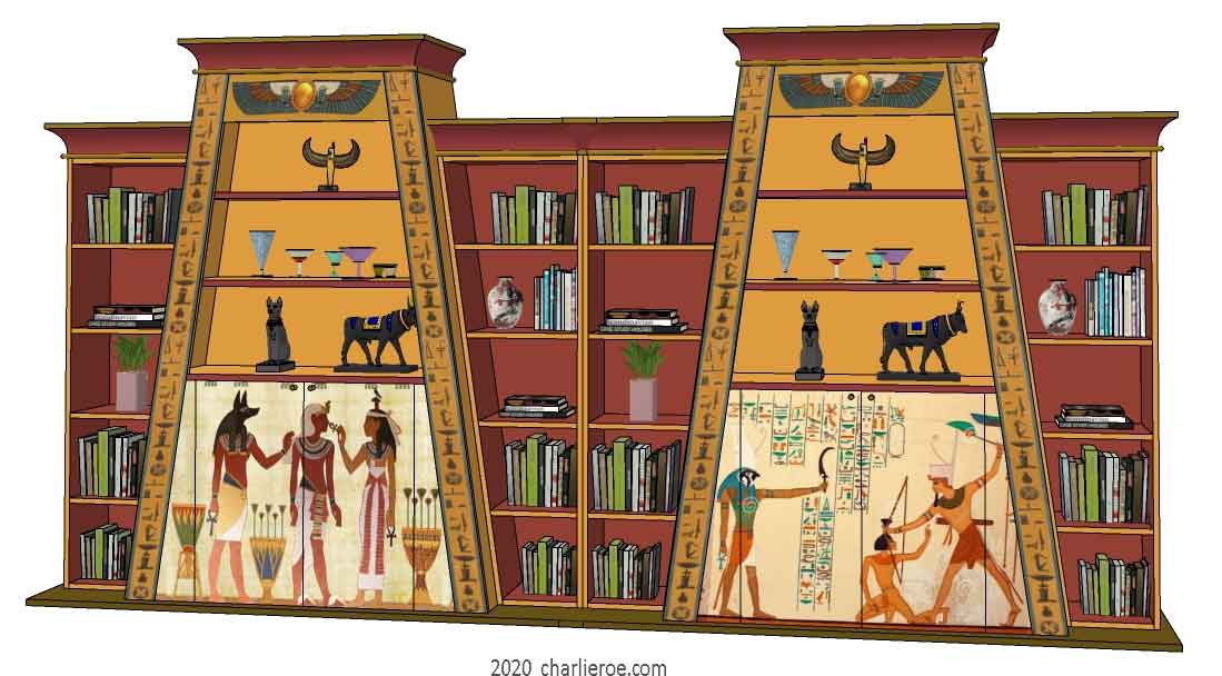 new ancient Egyptian Revival style double Pylon shaped painted bookcase display cabinet drinks cabinet or home office shelving unit with decorative Egyptian designs in Verdigris finish