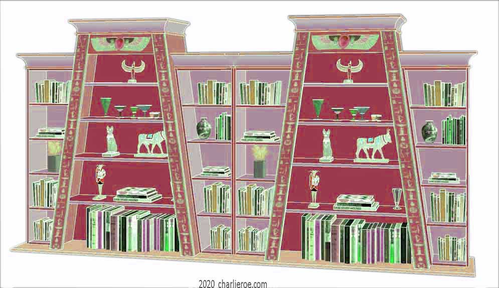 new ancient Egyptian Revival style double Pylon shaped painted bookcase display cabinet drinks cabinet or home office shelving unit with decorative Egyptian designs