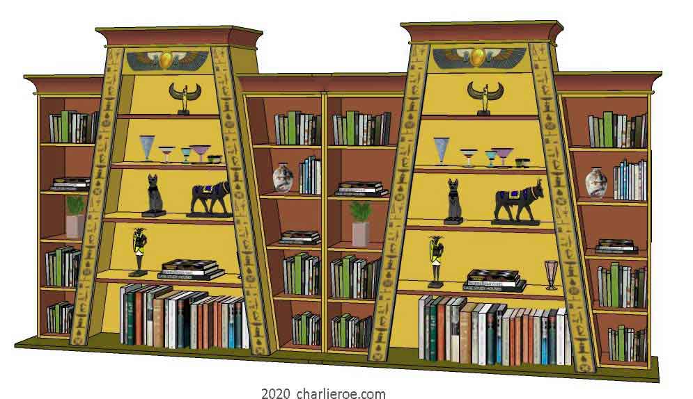 new ancient Egyptian Revival style double Pylon shaped painted bookcase display cabinet drinks cabinet or home office shelving unit with decorative Egyptian designs