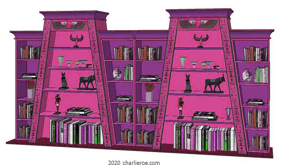 new ancient Egyptian Revival style double Pylon shaped painted bookcase display cabinet drinks cabinet or home office shelving unit with decorative Egyptian designs