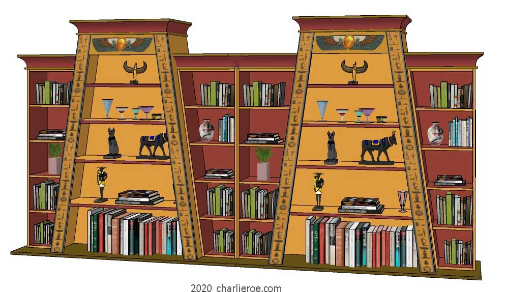 new ancient Egyptian Revival style double Pylon shaped painted bookcase display cabinet drinks cabinet or home office shelving unit with decorative Egyptian designs