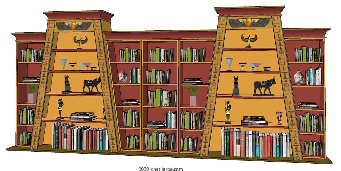 new ancient Egyptian Revival style double Pylon shaped painted bookcase display cabinet drinks cabinet or home office shelving unit with decorative Egyptian designs