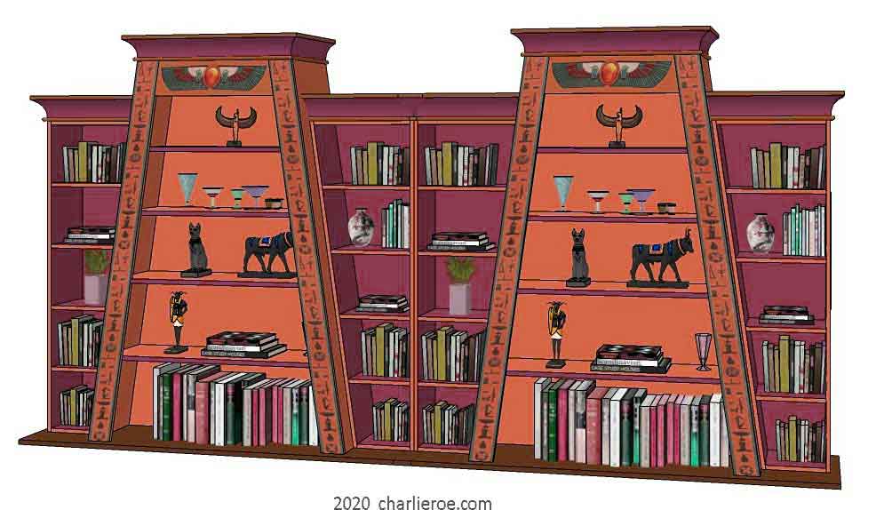 new ancient Egyptian Revival style double Pylon shaped painted bookcase display cabinet drinks cabinet or home office shelving unit with decorative Egyptian designs