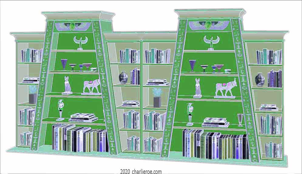 new ancient Egyptian Revival style double Pylon shaped painted bookcase display cabinet drinks cabinet or home office shelving unit with decorative Egyptian designs