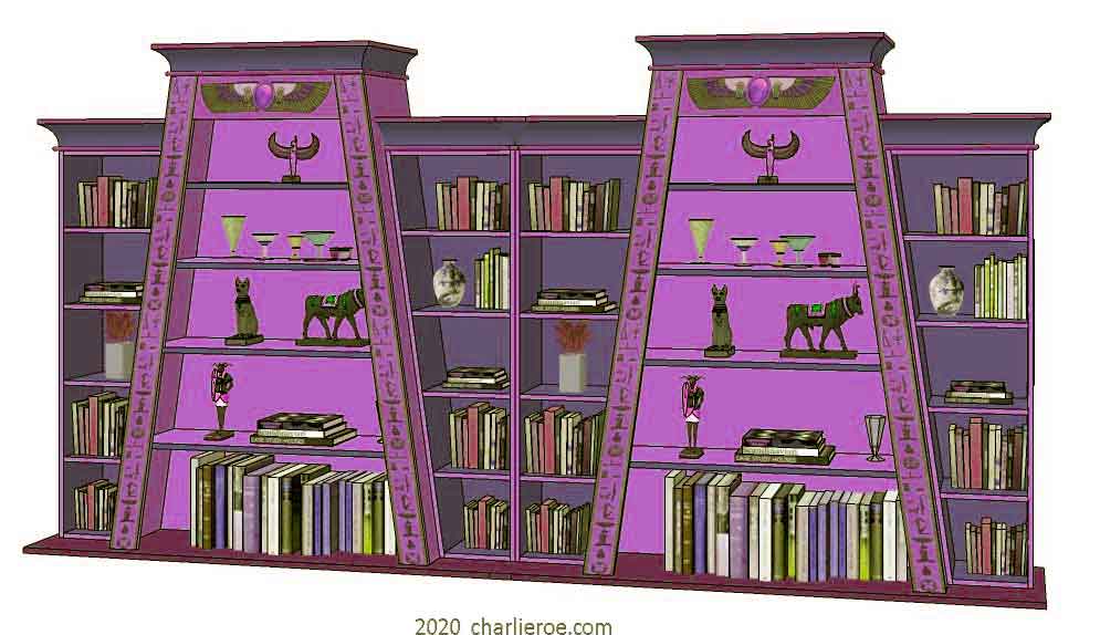 new ancient Egyptian Revival style double Pylon shaped painted bookcase display cabinet drinks cabinet or home office shelving unit with decorative Egyptian designs