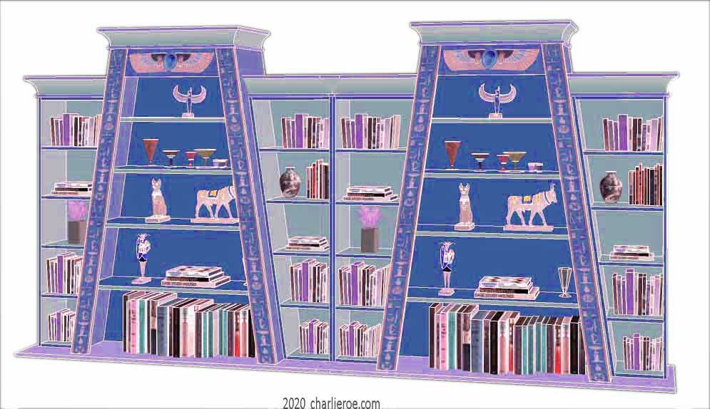 new ancient Egyptian Revival style double Pylon shaped painted bookcase display cabinet drinks cabinet or home office shelving unit with decorative Egyptian designs
