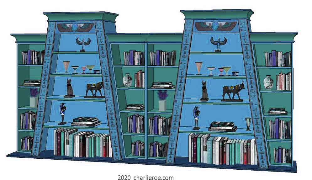new ancient Egyptian Revival style double Pylon shaped painted bookcase display cabinet drinks cabinet or home office shelving unit with decorative Egyptian designs