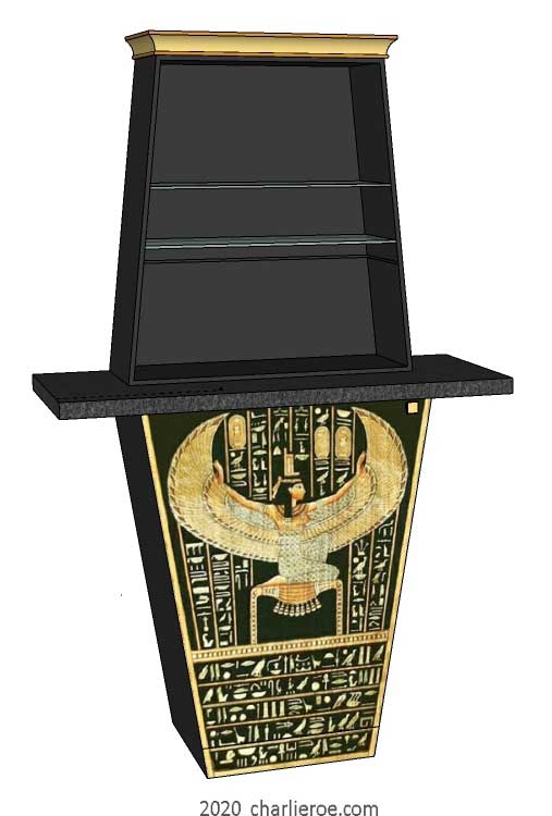 new ancient Egyptian Revival style pylon shaped painted display drinks cabinet bookcase cupboard shelving unit with decorative Egyptian designs