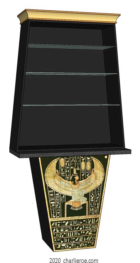 new ancient Egyptian Revival style Pylon shaped painted display cabinet bookcase drinks cabinet with decorative Egyptian designs