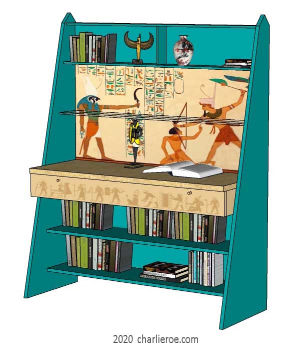 new ancient Egyptian Revival style painted bookcase display cabinet drinks cabinet or home office desk shelving unit with decorative Egyptian designs