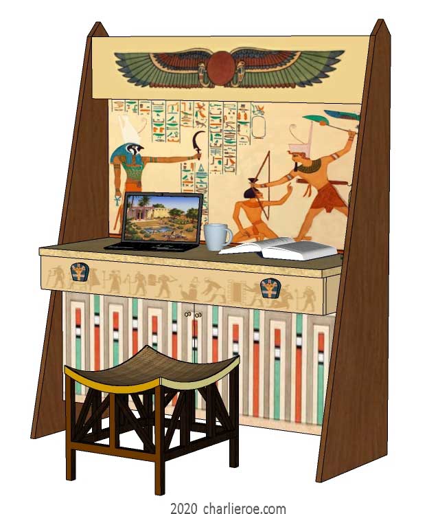new ancient Egyptian Revival style painted bookcase display cabinet drinks cabinet or home office desk shelving unit with decorative Egyptian designs