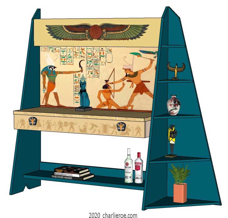 new ancient Egyptian Revival style painted bookcase display cabinet drinks cabinet or home office desk shelving unit with decorative Egyptian designs