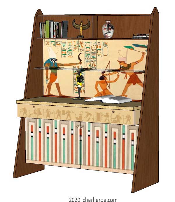new ancient Egyptian Revival style painted bookcase display cabinet drinks cabinet or home office desk shelving unit with decorative Egyptian designs