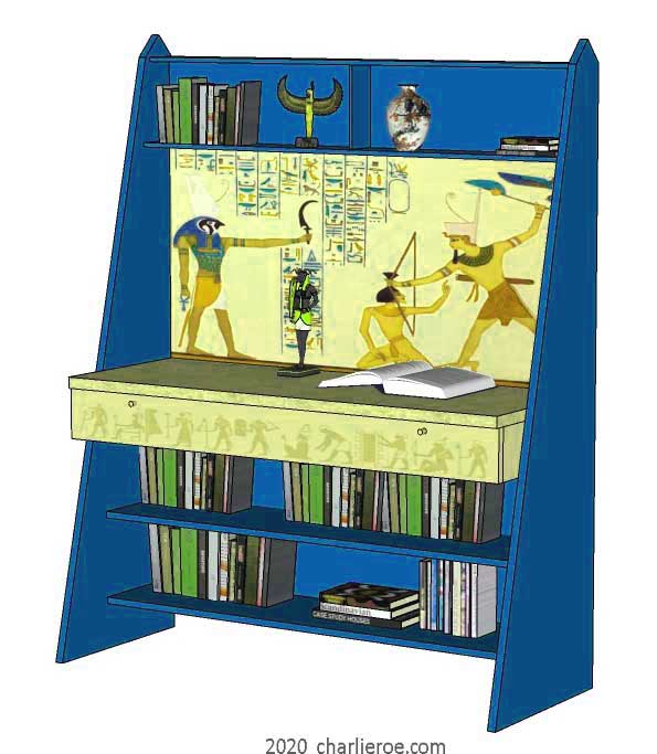 new ancient Egyptian Revival style painted bookcase display cabinet drinks cabinet or home office desk shelving unit with decorative Egyptian designs