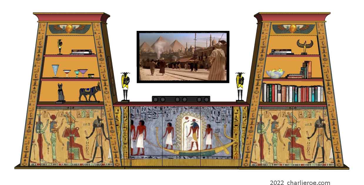 new ancient Egyptian Revival style Pylon shaped hand painted bookcases display units