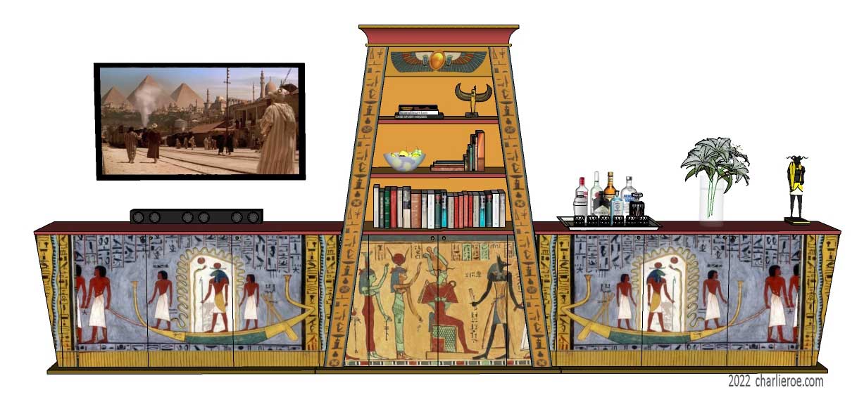 new ancient Egyptian Revival style Pylon shaped hand painted bookcase display unit with 2 sideboards with decorative Egyptian designs