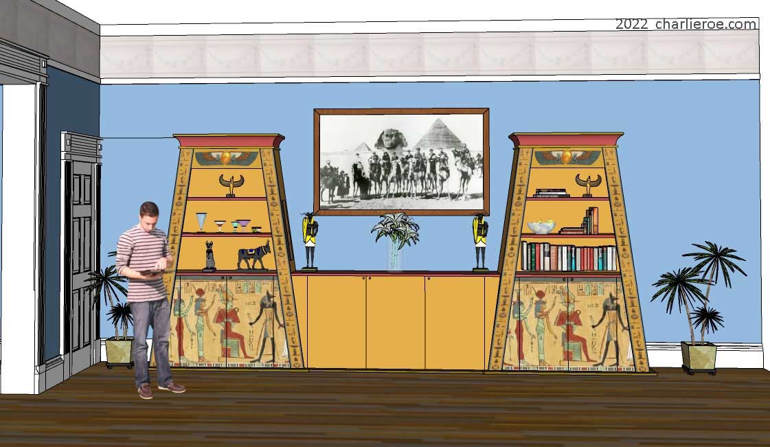 new ancient Egyptian Revival style Pylon shaped painted bookcase display cabinet drinks cabinet or home office shelving unit with decorative Egyptian designs