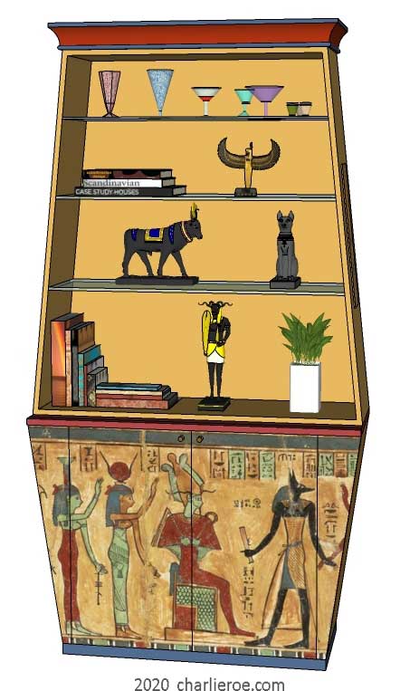 new ancient Egyptian Revival style Pylon shaped painted display cabinet bookcase drinks cabinet or home office shelving unit with decorative Egyptian designs