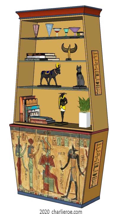 new ancient Egyptian Revival style Pylon shaped painted display cabinet bookcase drinks cabinet or home office shelving unit with decorative Egyptian designs